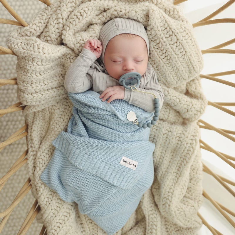 Bleu La La Organic Cotton Heritage Knit Receiving Blanket for Boys - 100% Luxury Soft Organic Cotton - Warm Cozy Swaddle Cuddle Blanket for Newborns Infants & Toddlers (0-2Yrs - Sky Blue) - Image 4